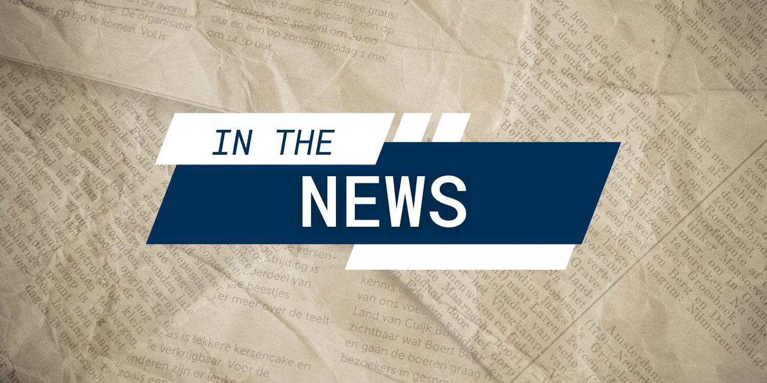 Graphic overlay with "IN THE NEWS" on a newspaper background.